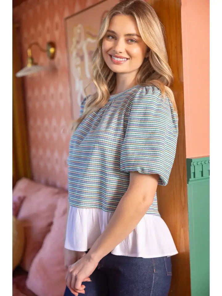 GREEN STRIPE BACK BOW RUFFLE HEM BLOUSE