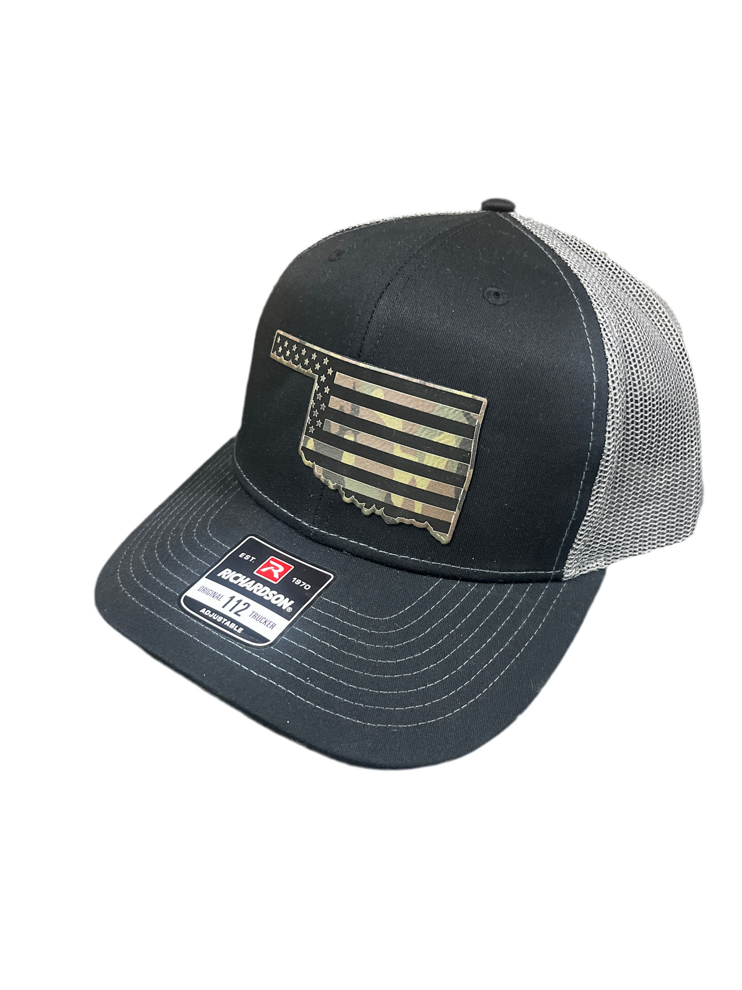 BLACK & GREY HAT WITH GREEN CAMO OKLAHOMA FLAG PATCH