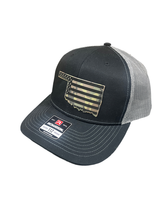 BLACK & GREY HAT WITH GREEN CAMO OKLAHOMA FLAG PATCH