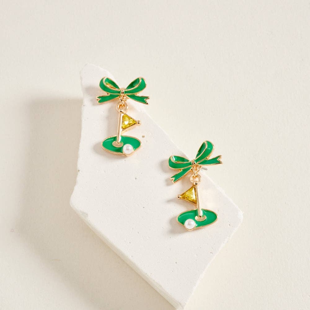 ENAMEL GOLF FLAG MARKER RIBBON BOW STONE PEARL EARRINGS