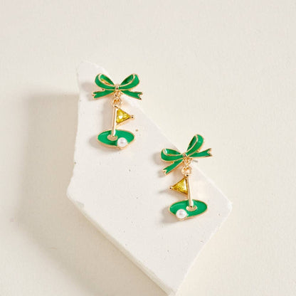 ENAMEL GOLF FLAG MARKER RIBBON BOW STONE PEARL EARRINGS