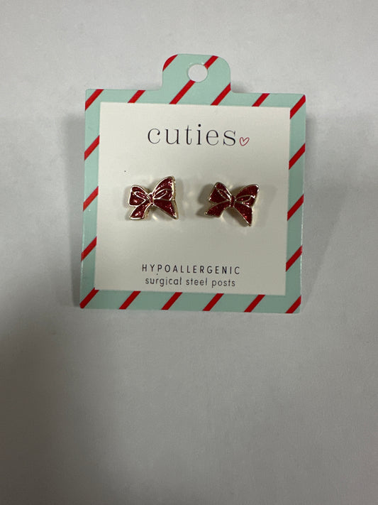 RED GLITTER BOWS GOLD EARRINGS
