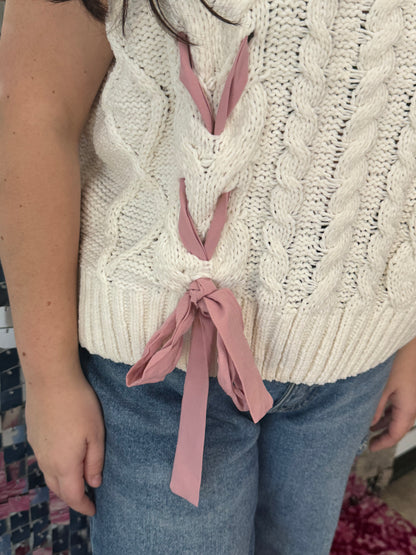 Ivory Sweater Vest with Pink Ribbon Lacing