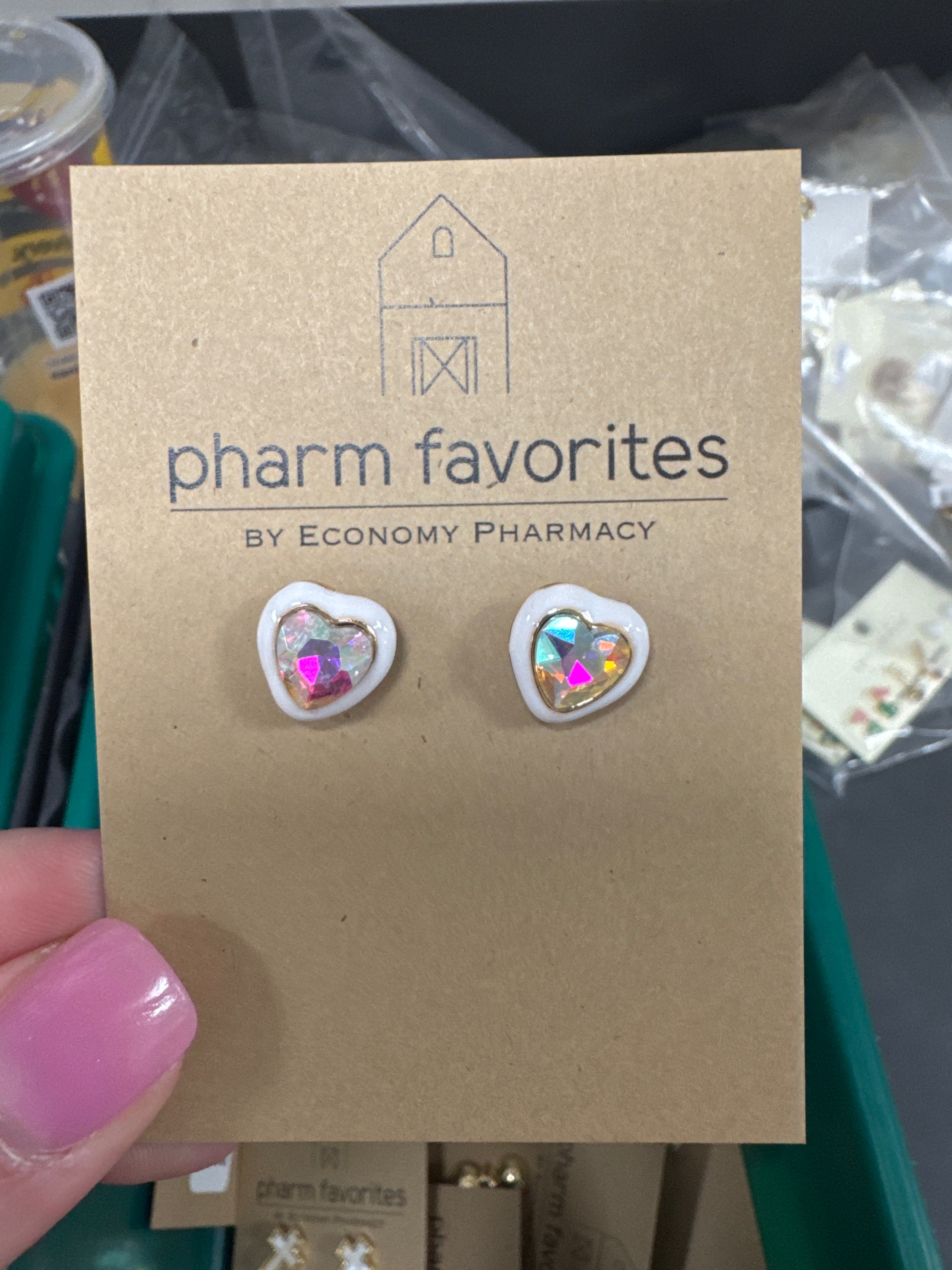 WHITE HEART STUD EARRINGS W/IRIDESCENT CRYSTAL INLAY