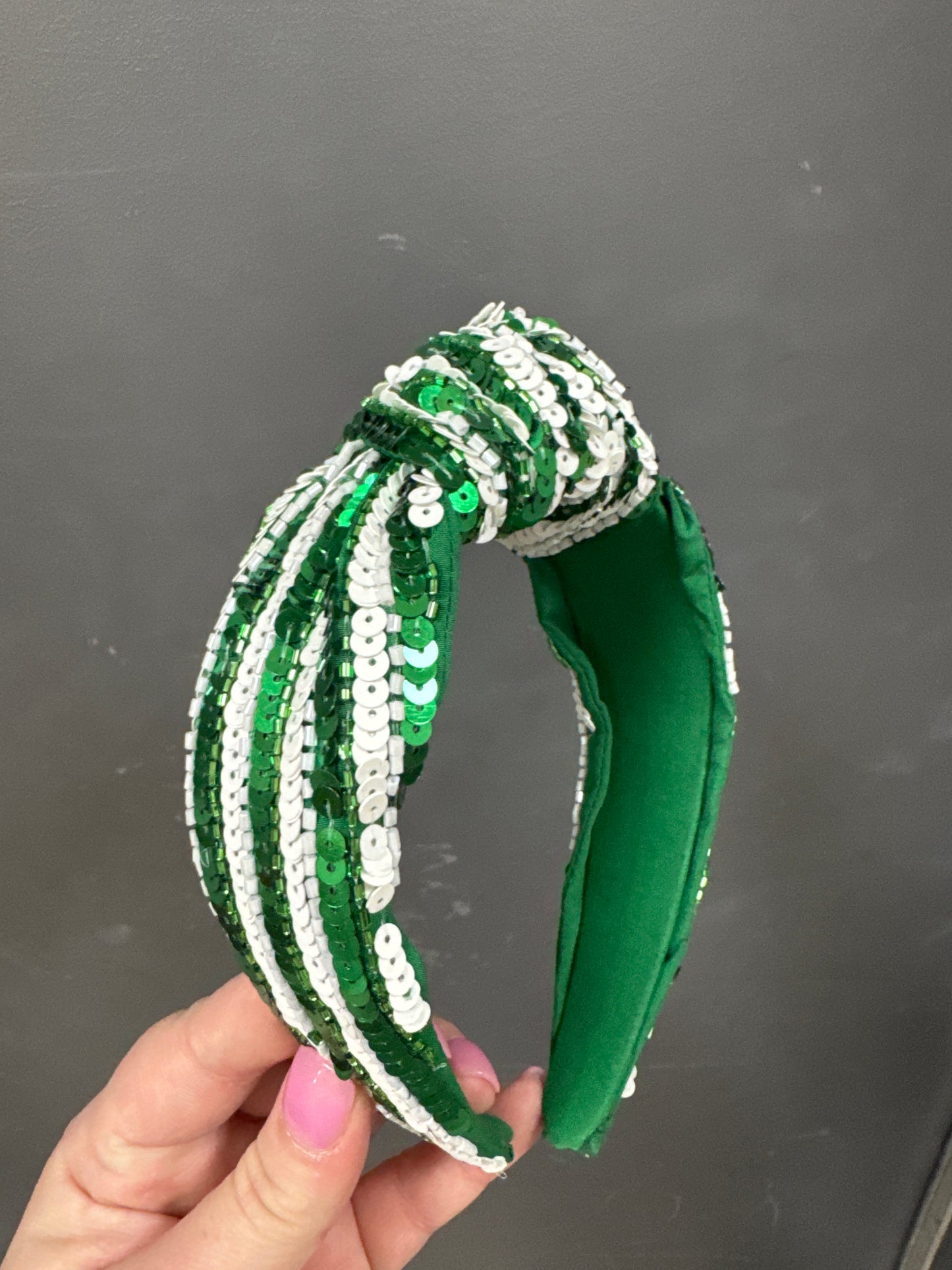 GREEN & WHITE STRIPED SEQUIN HEADBAND