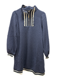 TEXTURED HALF ZIP DRESS WITH RUFFLE - NAVY/WHITE