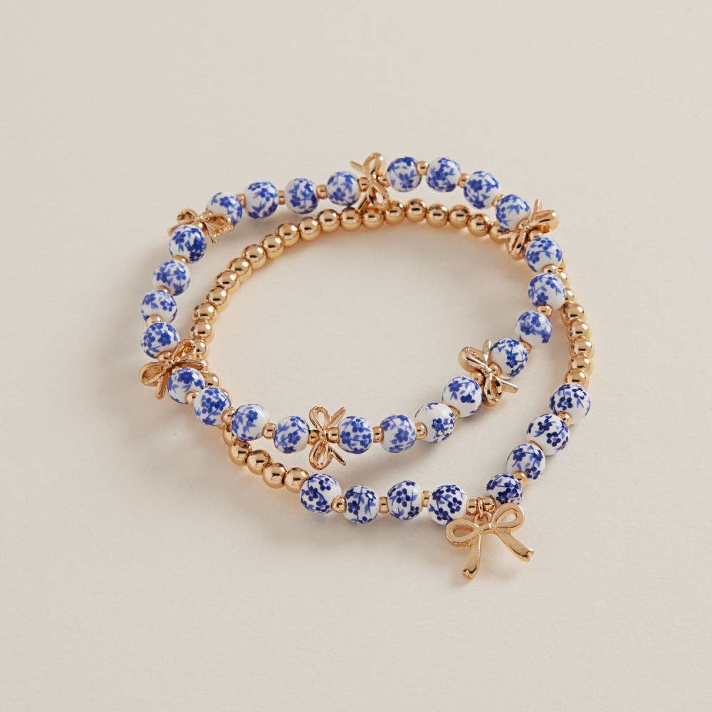 Ceramic Beads Metal Ribbon 2 Set Stretch Bracelet