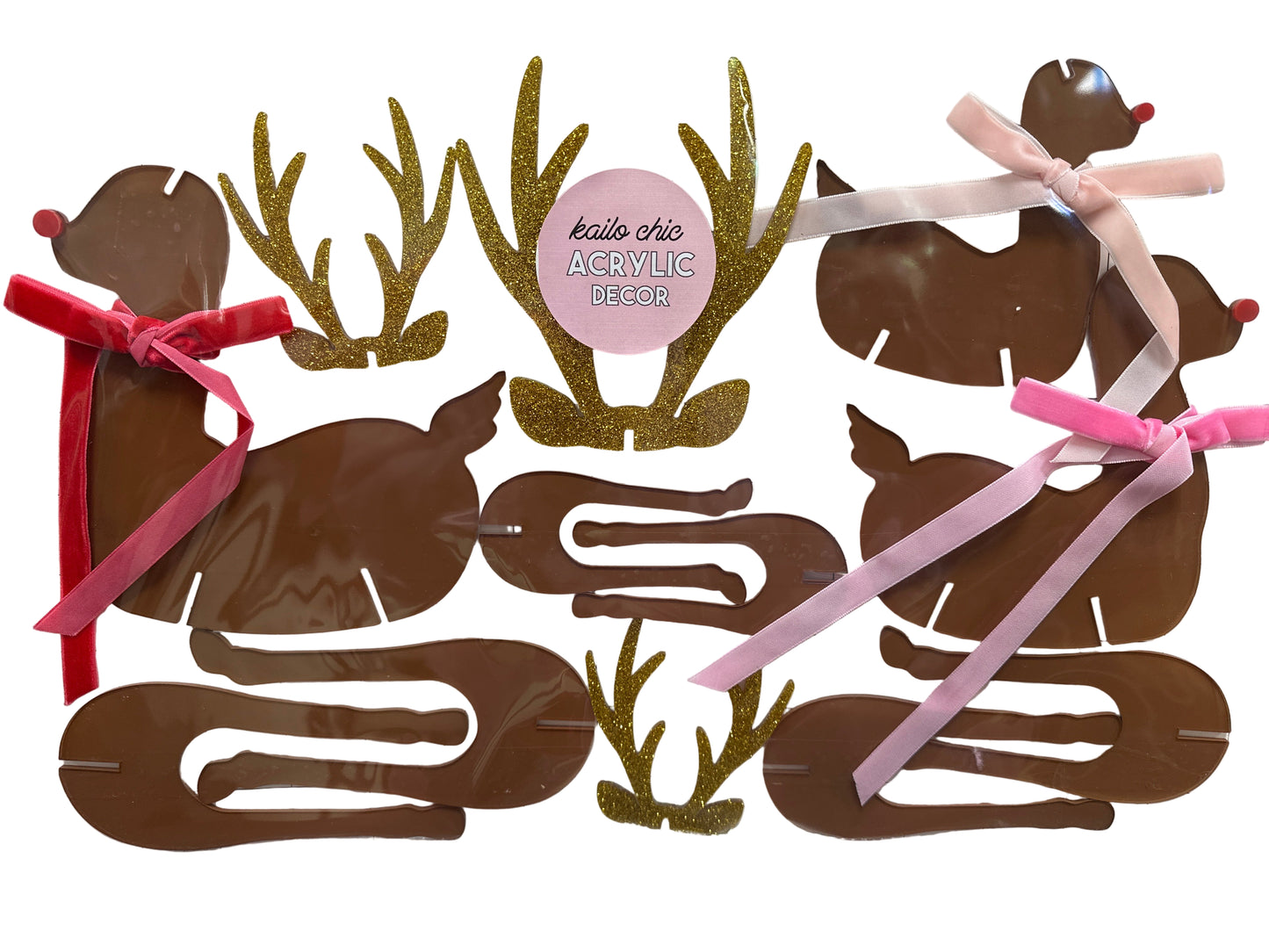ACRYLIC REINDEER BROWN WITH GOLD ANTLERS - RED/PINK