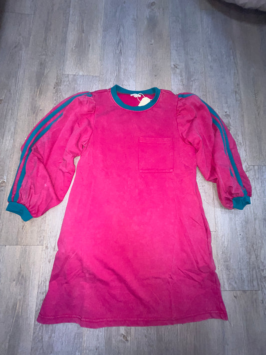 MAGENTA SWEATSHIRT DRESS W/TEAL CONTRAST DETAIL