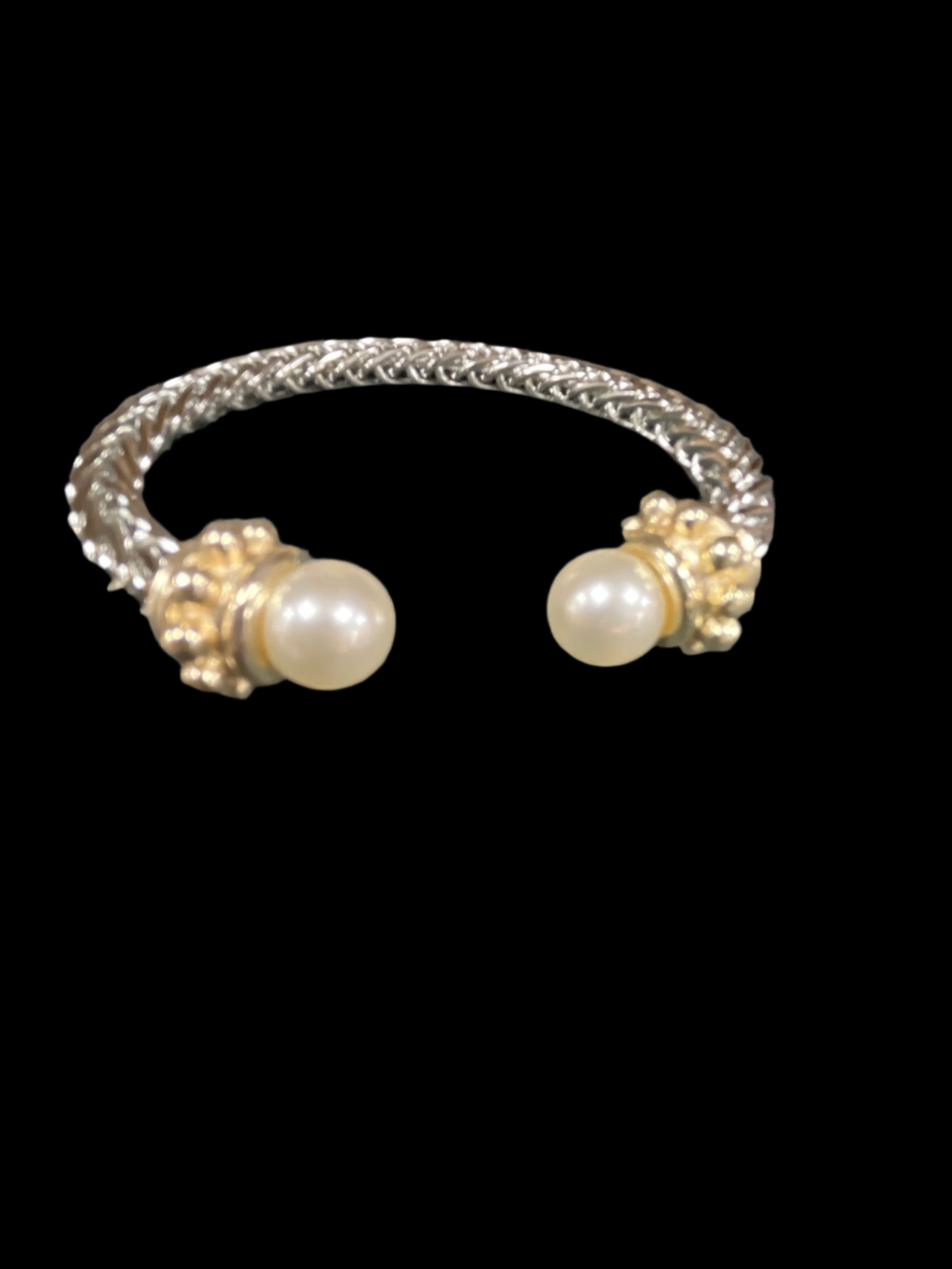 SILVER OPEN END CUFF CABLE BRACELET WITH GOLD & PEARL TIPS