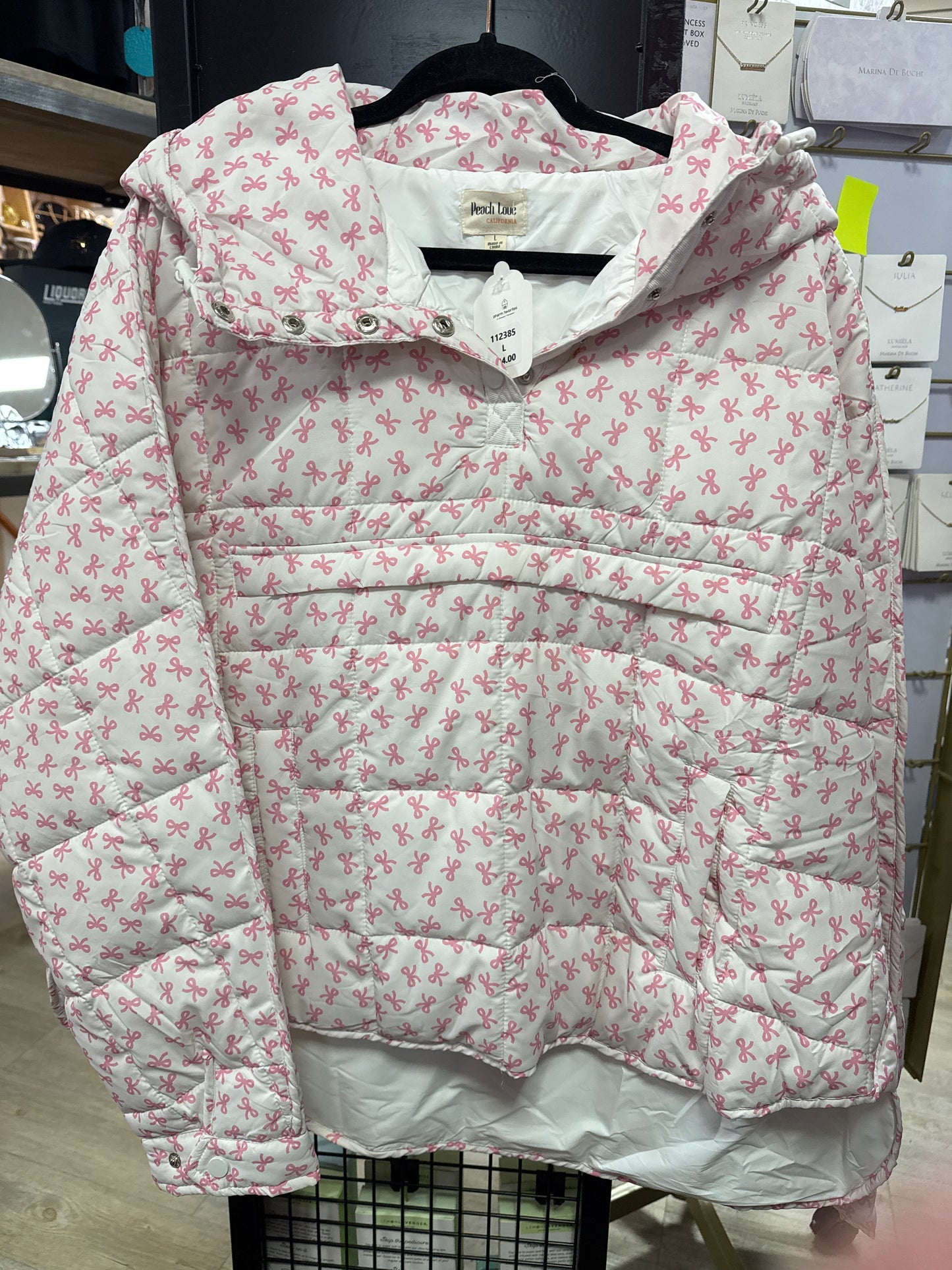 BOW PRINT PULLOVER PUFFER JACKET - L