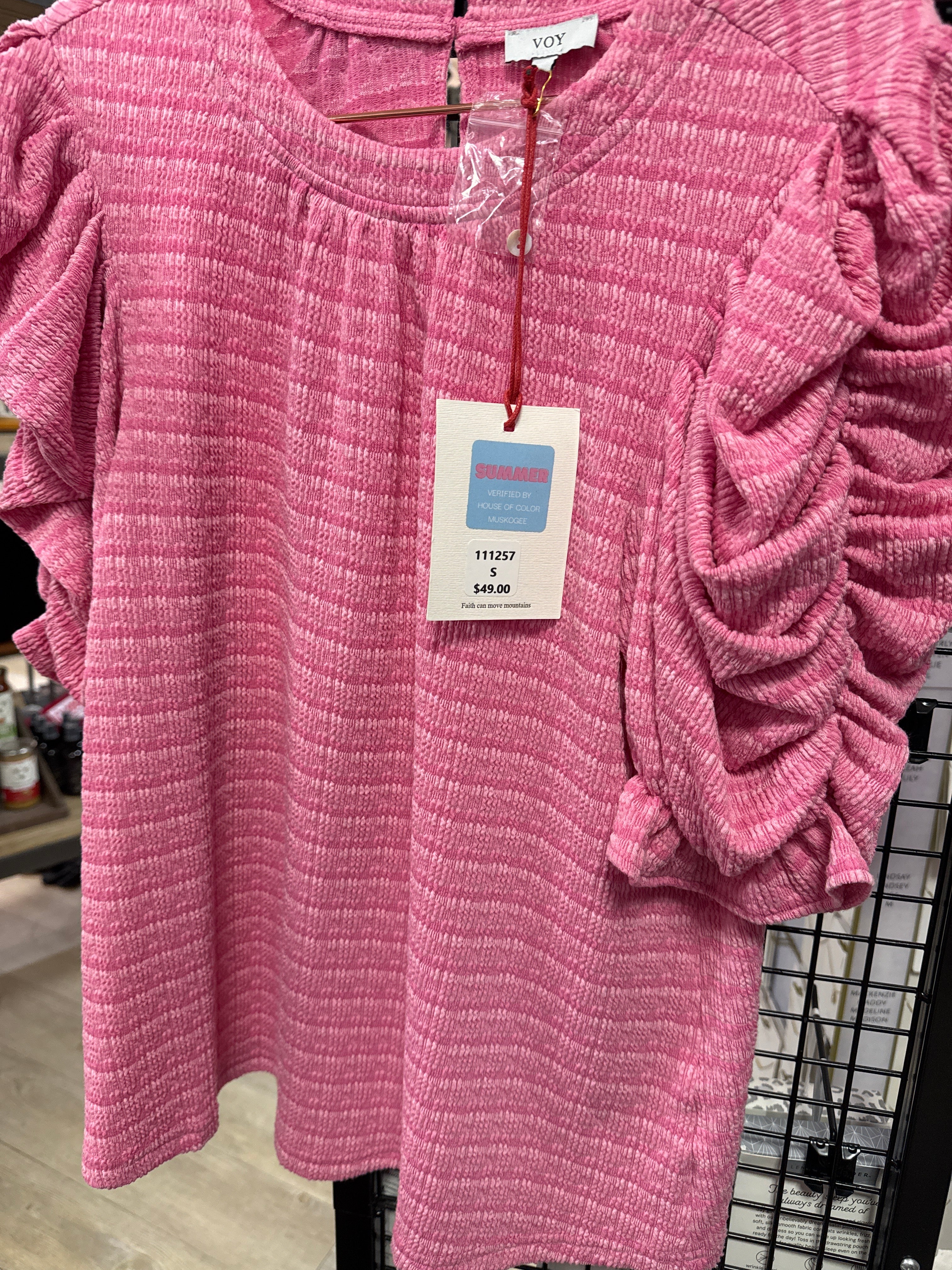 SHIRRED PUFF SLEEVE BLOUSE - PINK