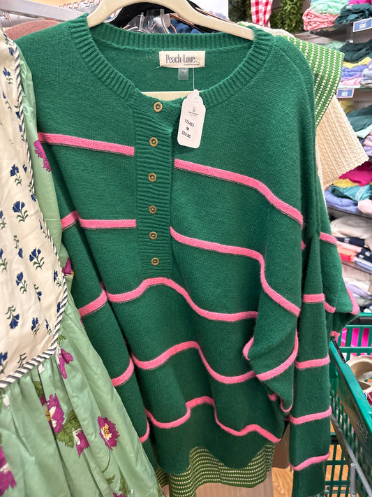 GREEN & PINK STRIPED SWEATER - M