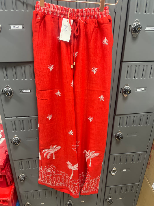 CORAL EMBROIDERED WIDE LEG PANTS
