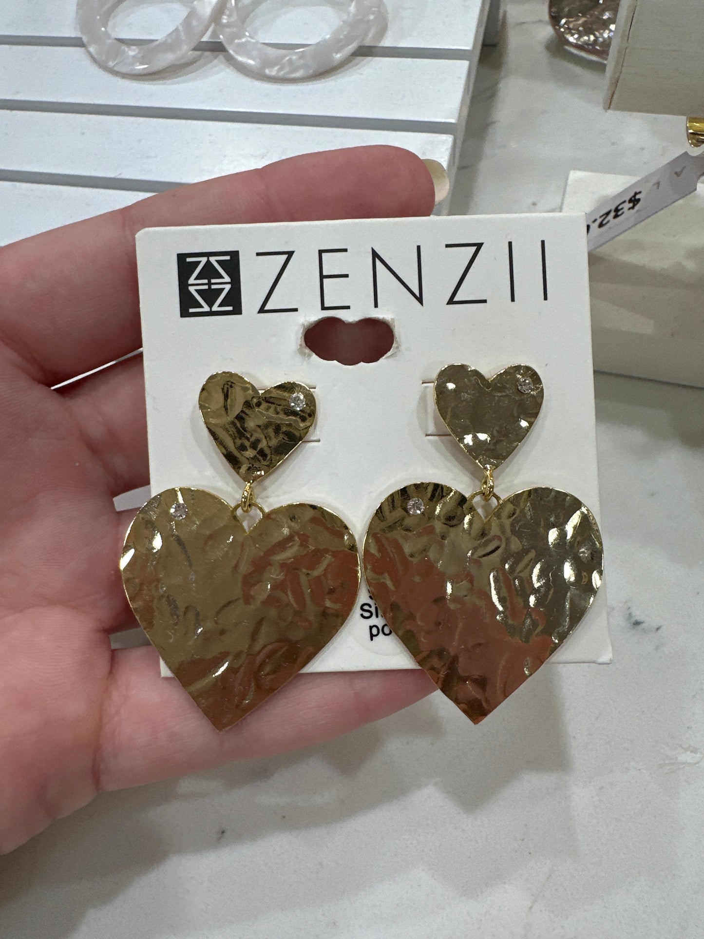 HAMMERED GOLD  2 TIER HEART EARRINGS W/CRYSTAL