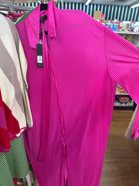 FUSCHIA SATIN RIBBED BUTTON DOWN MAXI DRESS