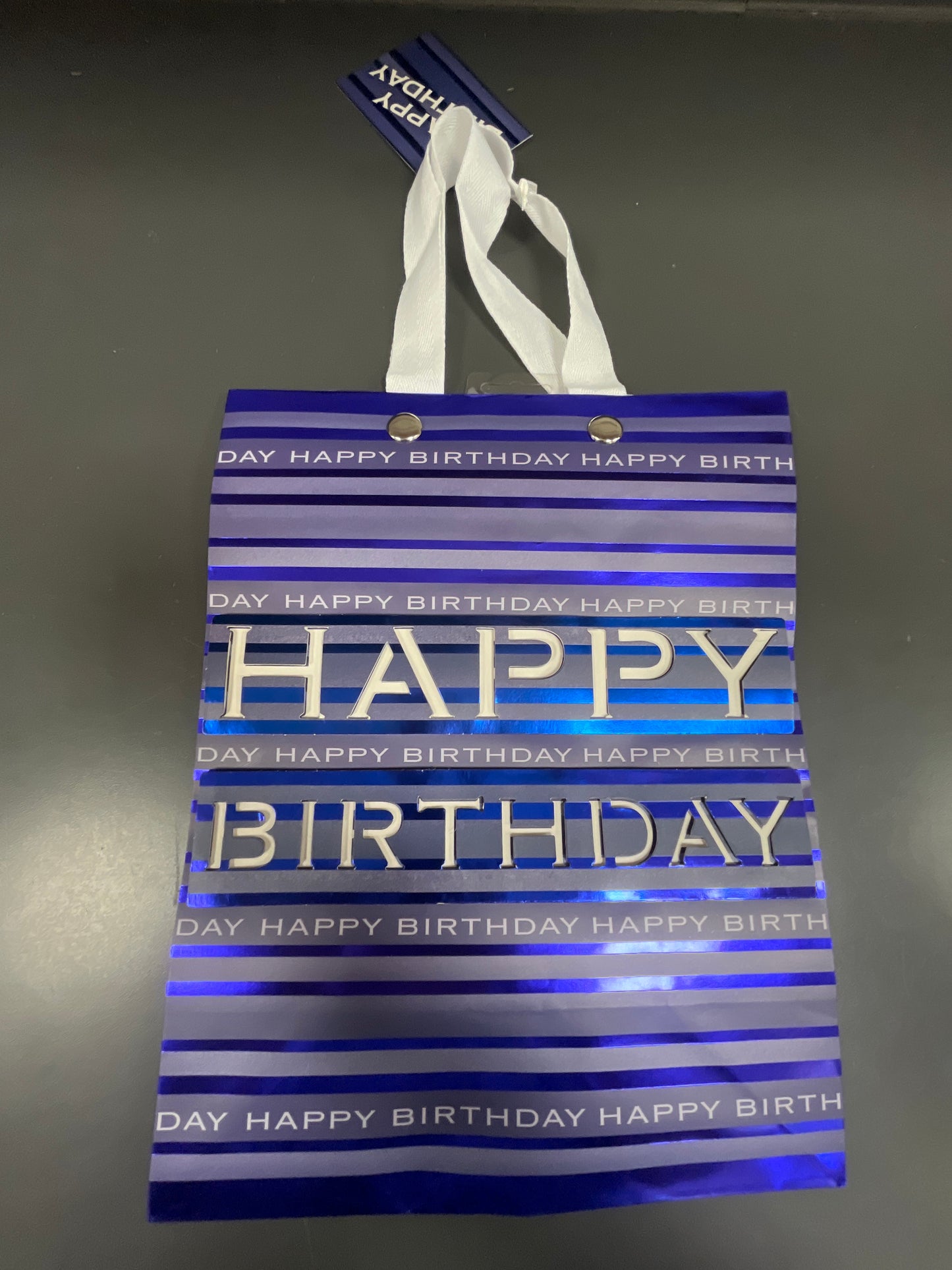 BLUE METALLIC STRIPE HAPPT BIRTHDAY BAG