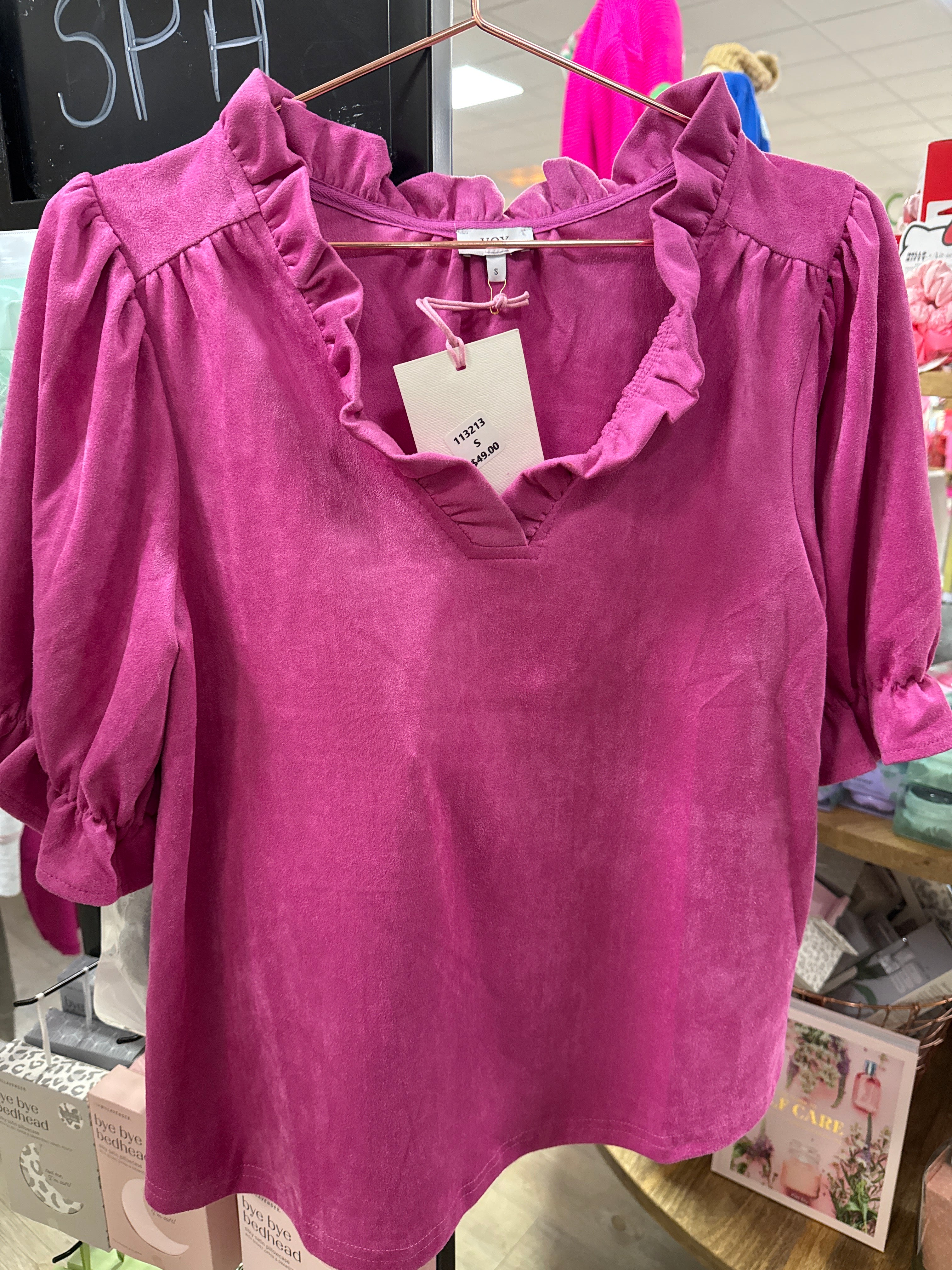 WIDE RUFFLE VNECK SUEDE TOP - FUCHSIA