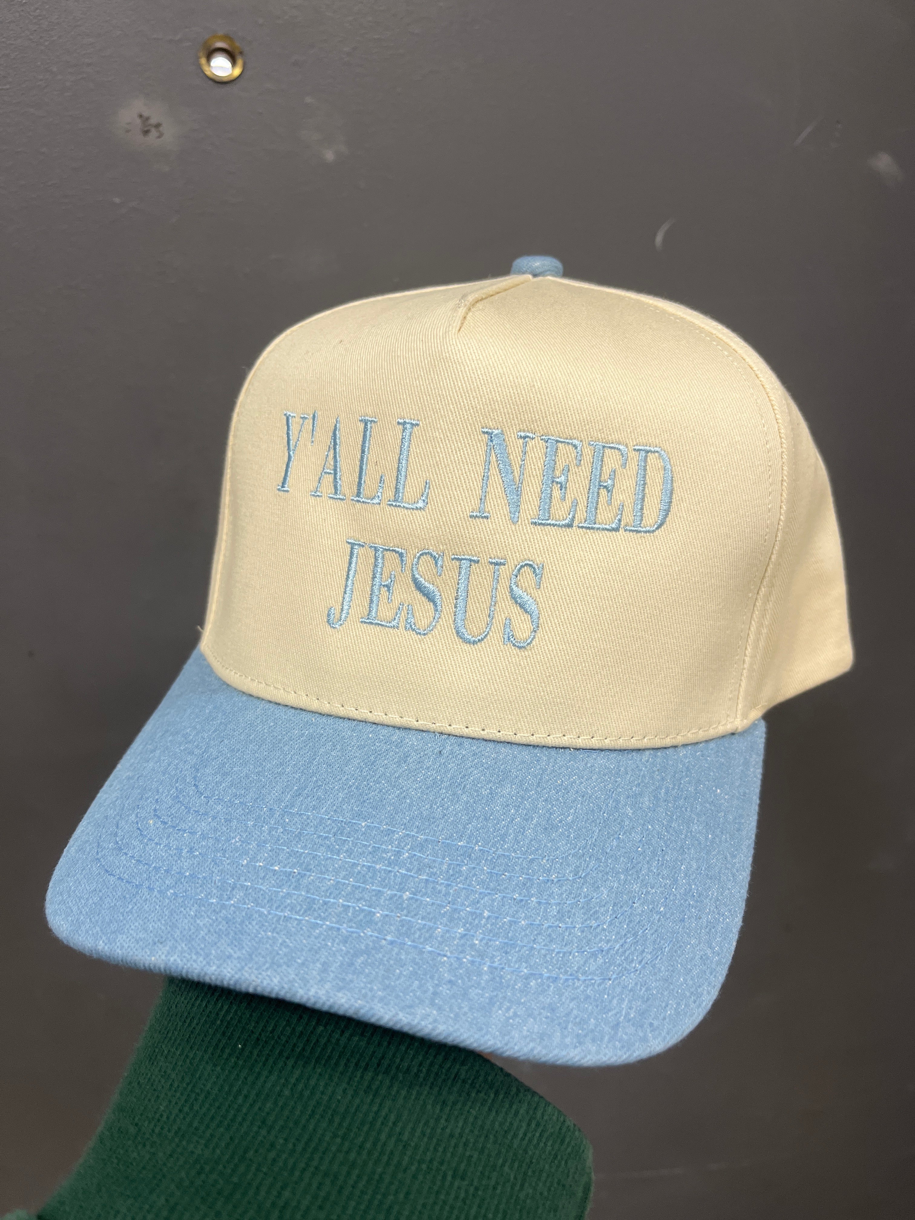 IVORY/LIGHT DENIM HAT - Y'ALL NEED JESUS