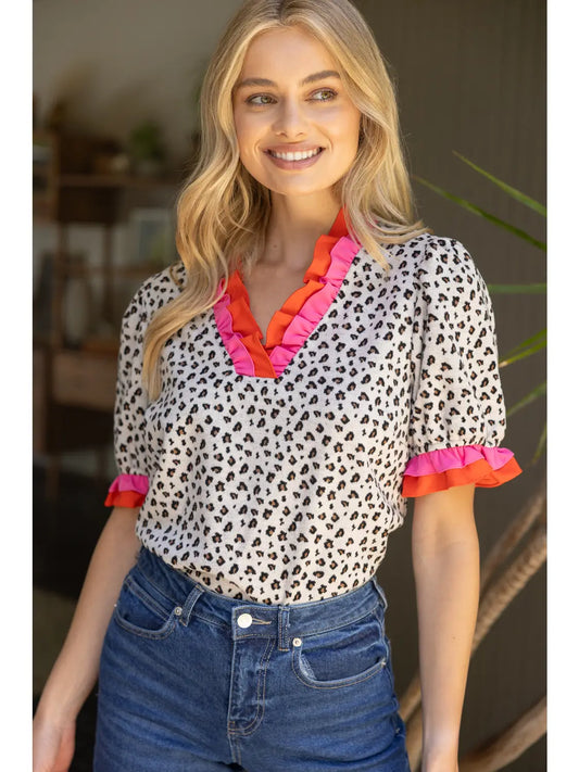 Double Contrast Ruffle Detailed Animal Printed Knit Top