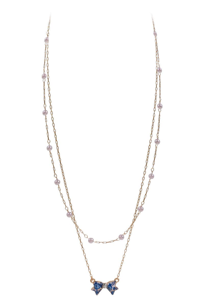 Flower Print Enamel Bow Pendant 2 Layered Necklace