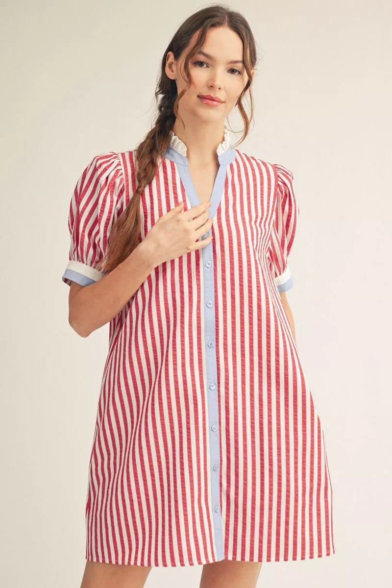 SHORT PUFF SLEEVE BUTTON DOWN SHIFT DRESS - RED/WHITE STRIPED WITH BLUE ACCENT