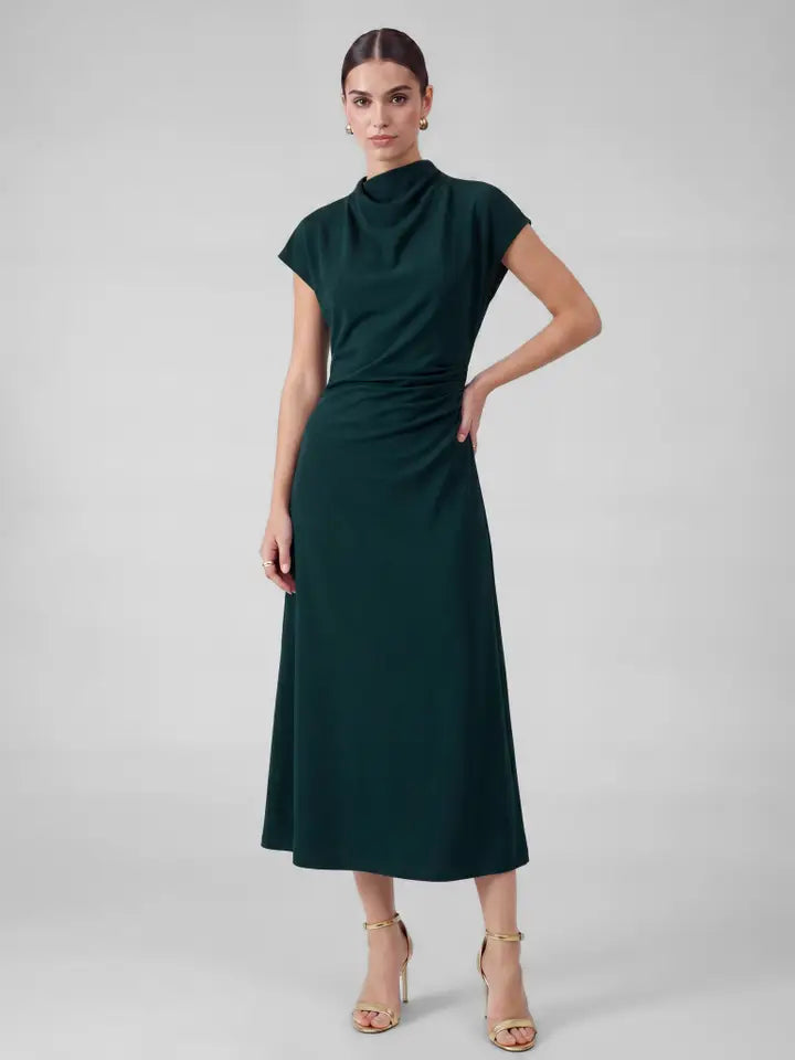 DARK TEAL MOCK NECK SHORT DOLMAN SLEEVE FLARED MIDI DRESS