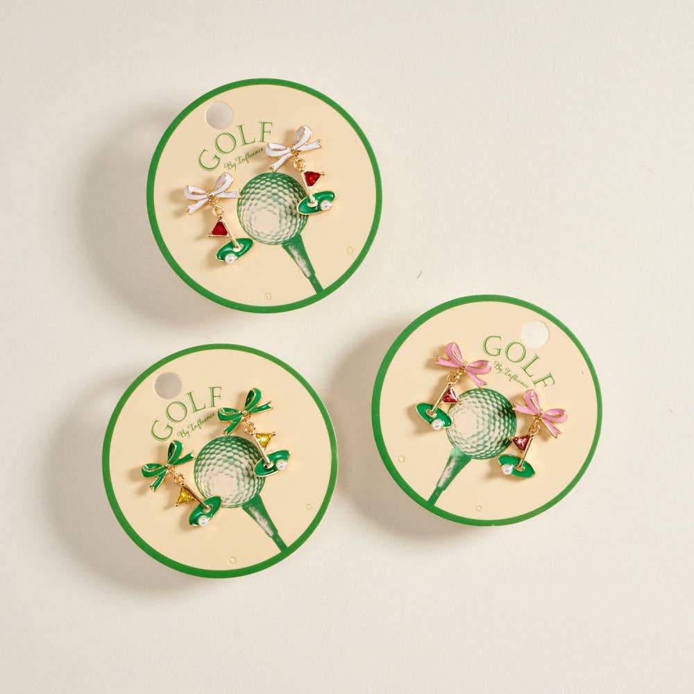ENAMEL GOLF FLAG MARKER RIBBON BOW STONE PEARL EARRINGS