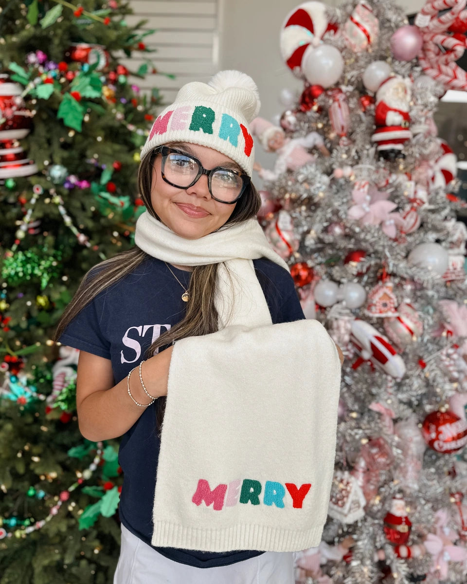 Festive Flair Merry Chenille Letter Scarf - Fashion by Mirabeau