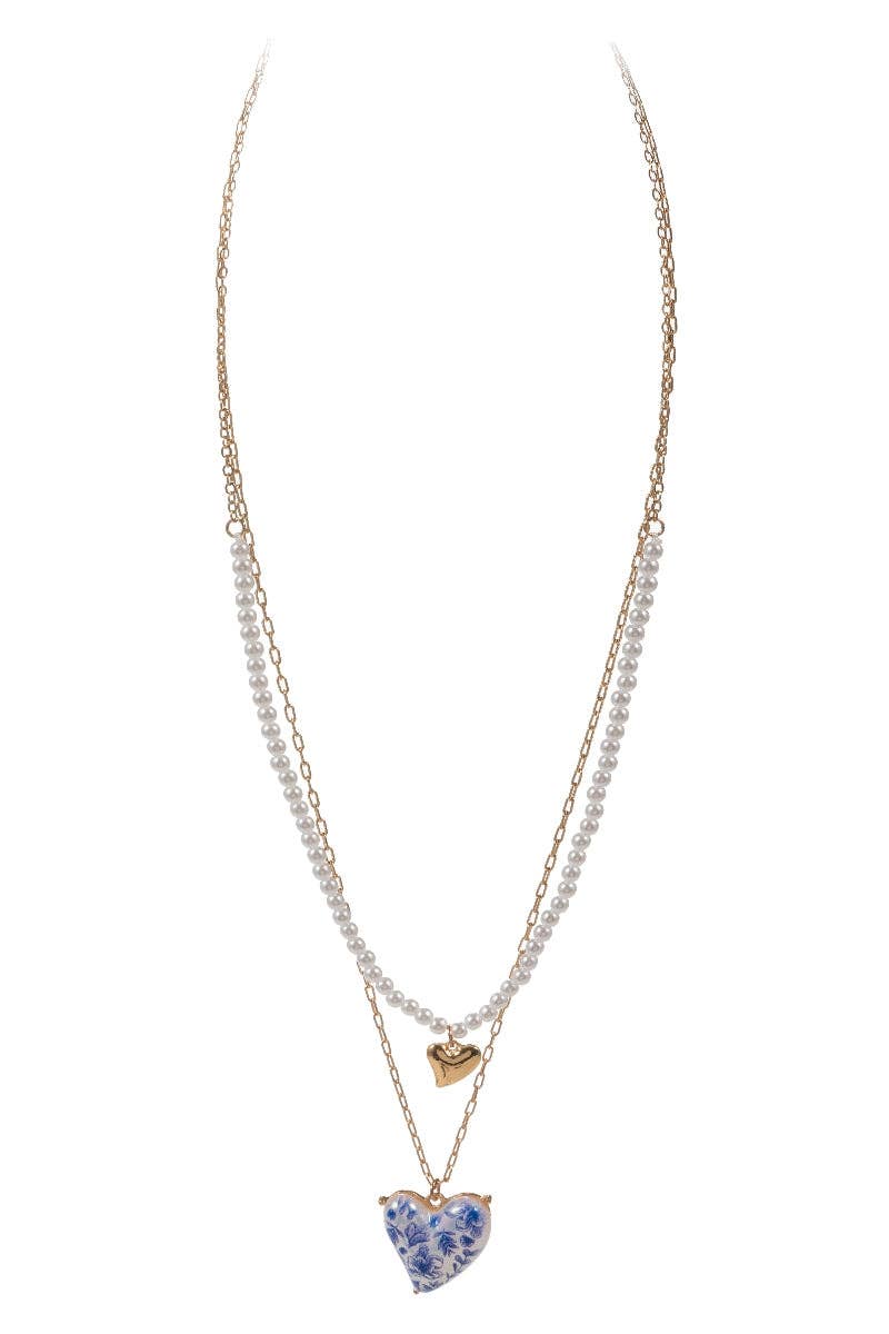 Heart Pearl W Flower 2 Layered Necklace