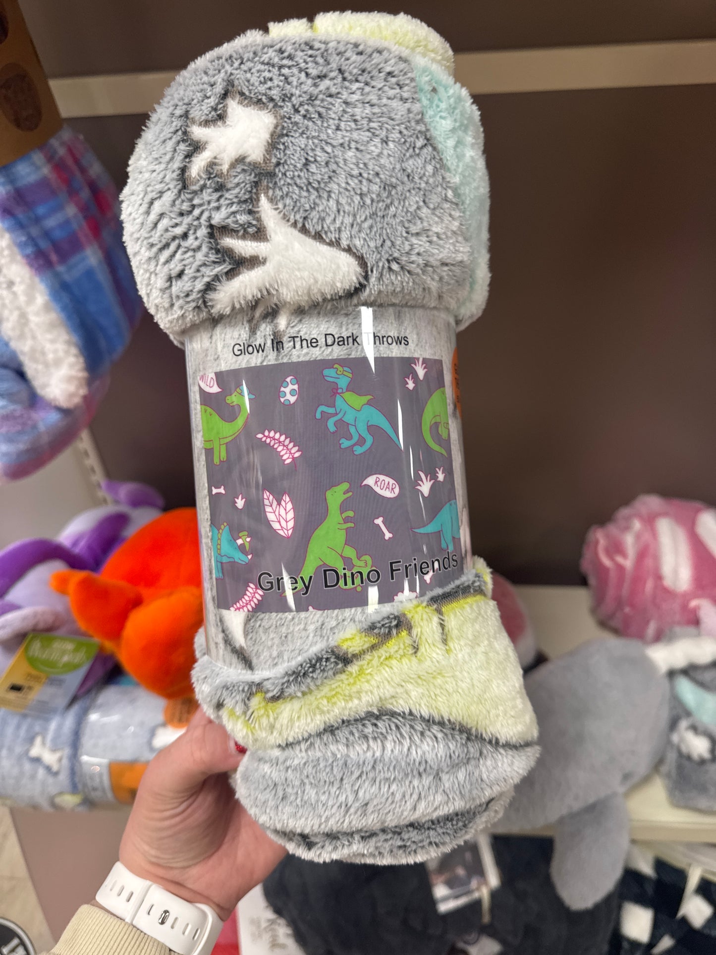 GRAY DINO FRIENDS GLOW -IN-THE-DARK BLANKET