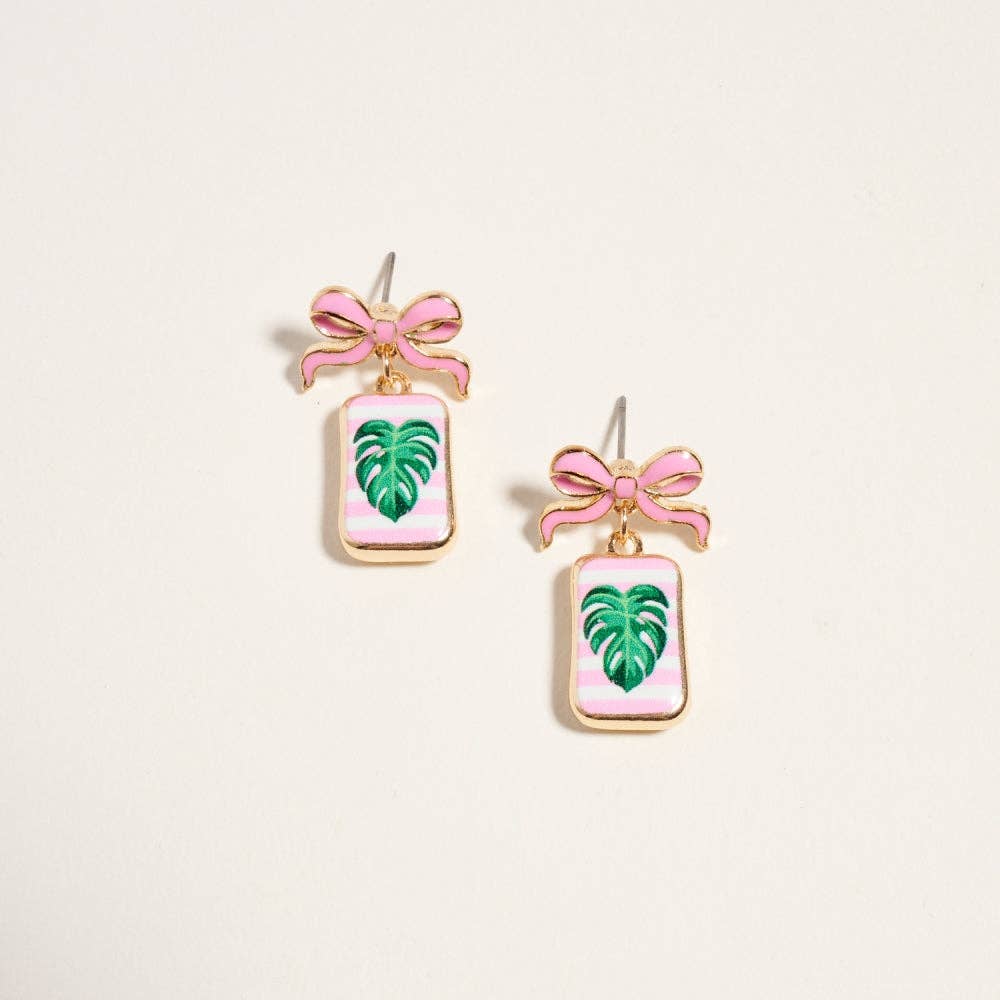 VINTAGE FRUIT PLANT PRINT TILE ENAMEL BOW EARRINGS