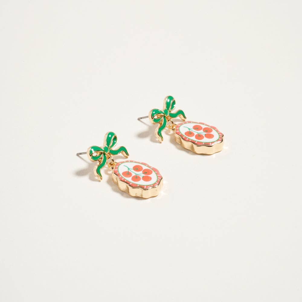 VINTAGE FRUIT PLANT PRINT TILE ENAMEL BOW EARRINGS
