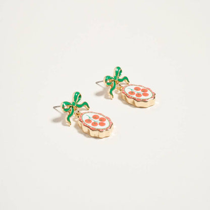 VINTAGE FRUIT PLANT PRINT TILE ENAMEL BOW EARRINGS