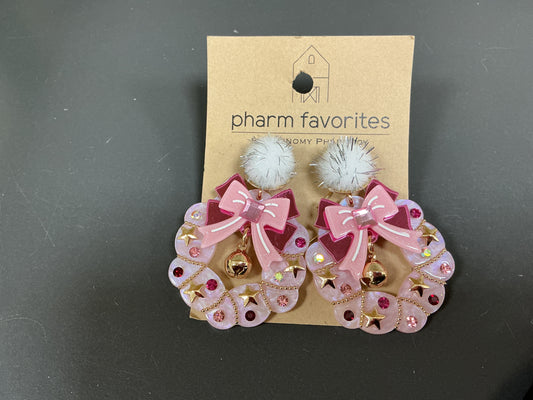 Acrylic Christmas Wreath Earrings - Pink