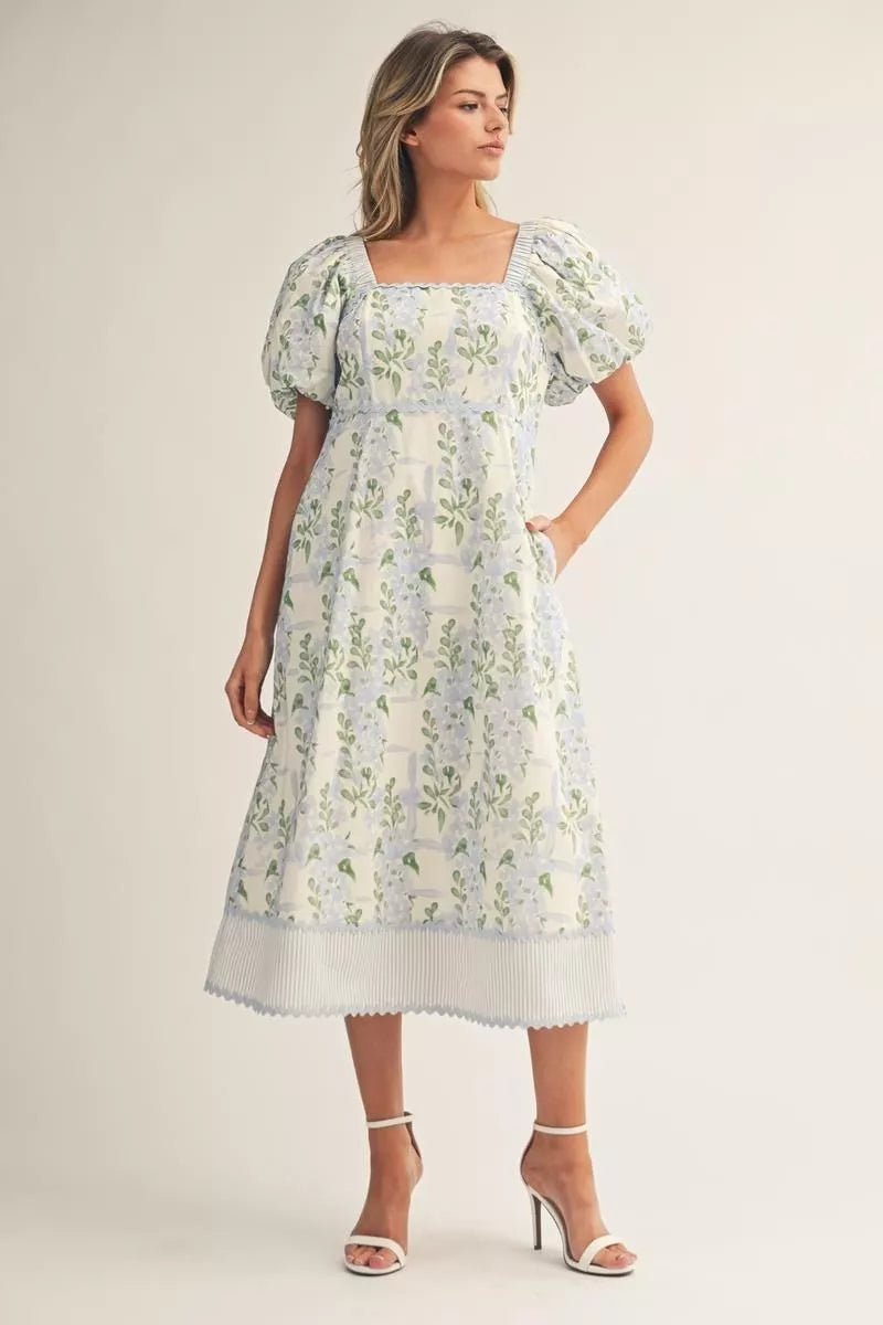 SHORT PUFF SLEEVE BLUE FLORAL MIDI DRESS WITH RIC RAC DETAIL
