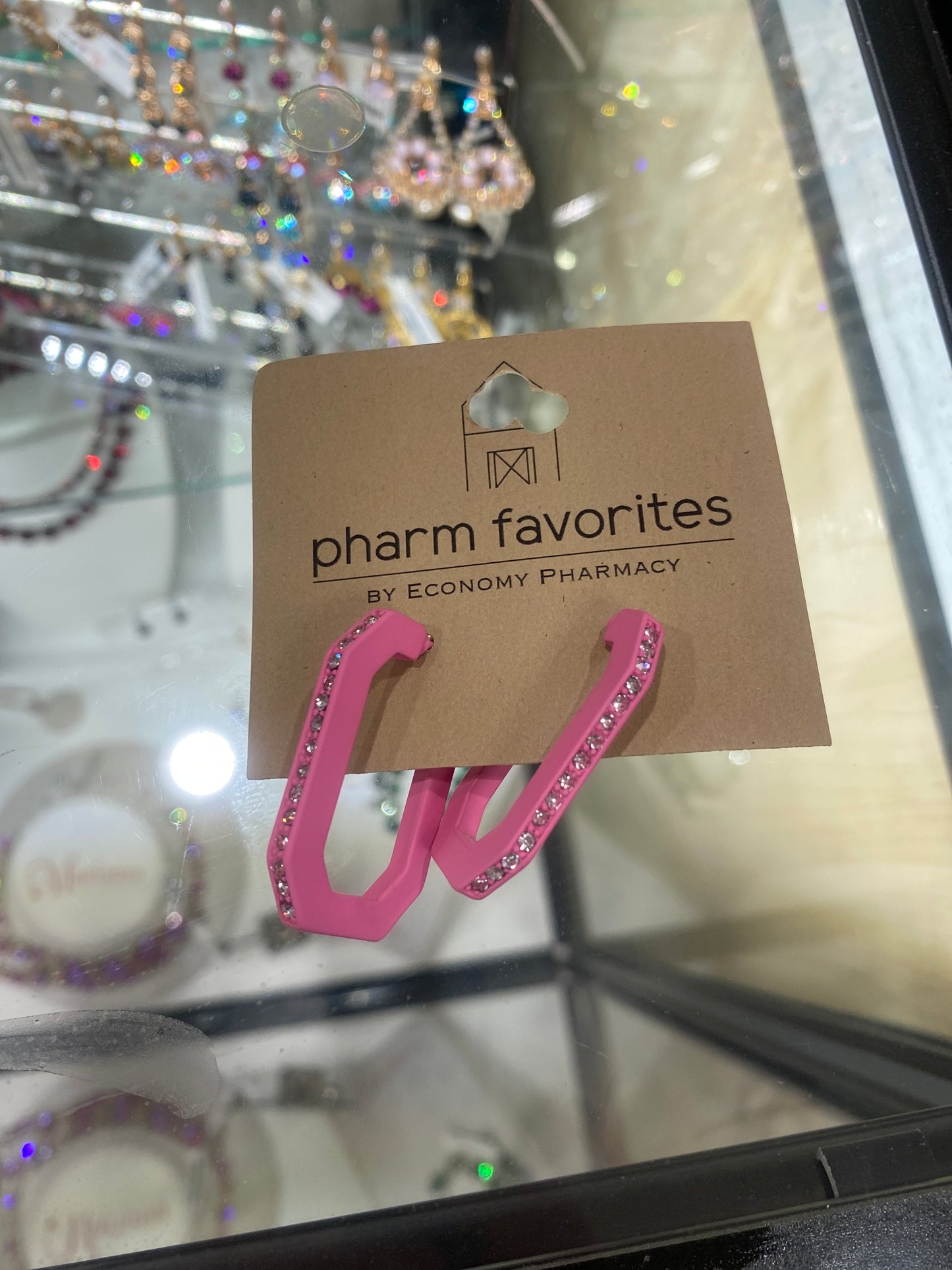 PINK SQUARED HOOP EARRINGS W/RHINESTONES