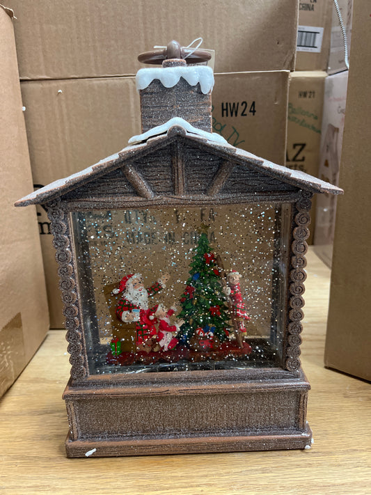 SANTA & ELVES IN LOG CABIN GLITTER LANTERN