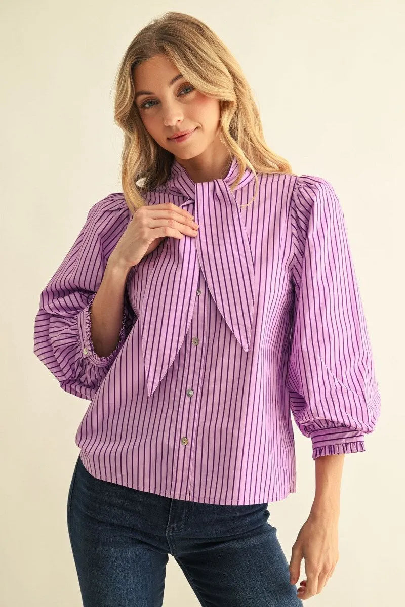 3/4 PUFF SLEEVE LAVENDER STRIPE