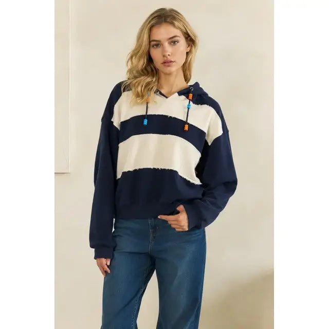 BOHO BEADED STRIPED HOODIE - NAVY