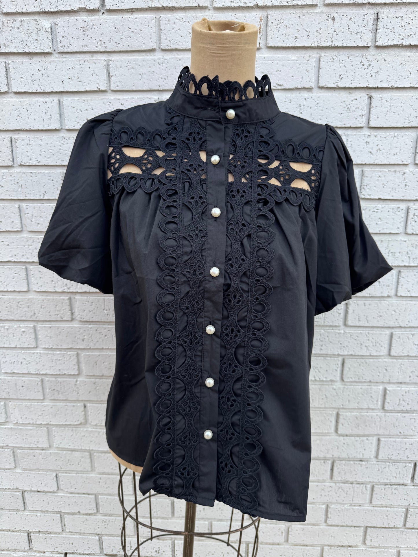 Black Blouse with Caning and Pearl Buttons