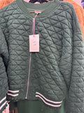 GREEN QUILTED STRIPE ACCENT BOMBER JACKET - L