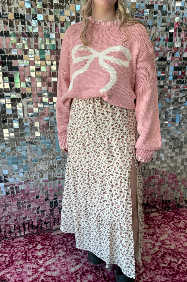 Cream with Pink Rose Print Maxi Skirt