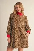 LONG SLEEVE LEOPARD FAUX SUEDE SHIFT DRESS - TAUPE WITH RED ACCENT