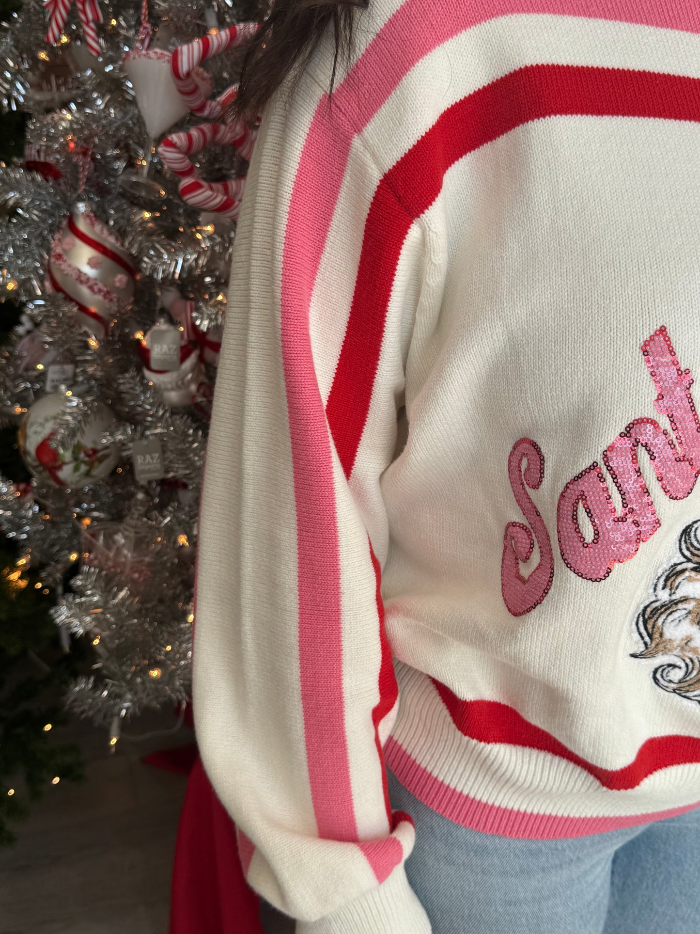 Red, Pink, & White Stripe 'Santa Baby' Fuzzy Santa Sweater