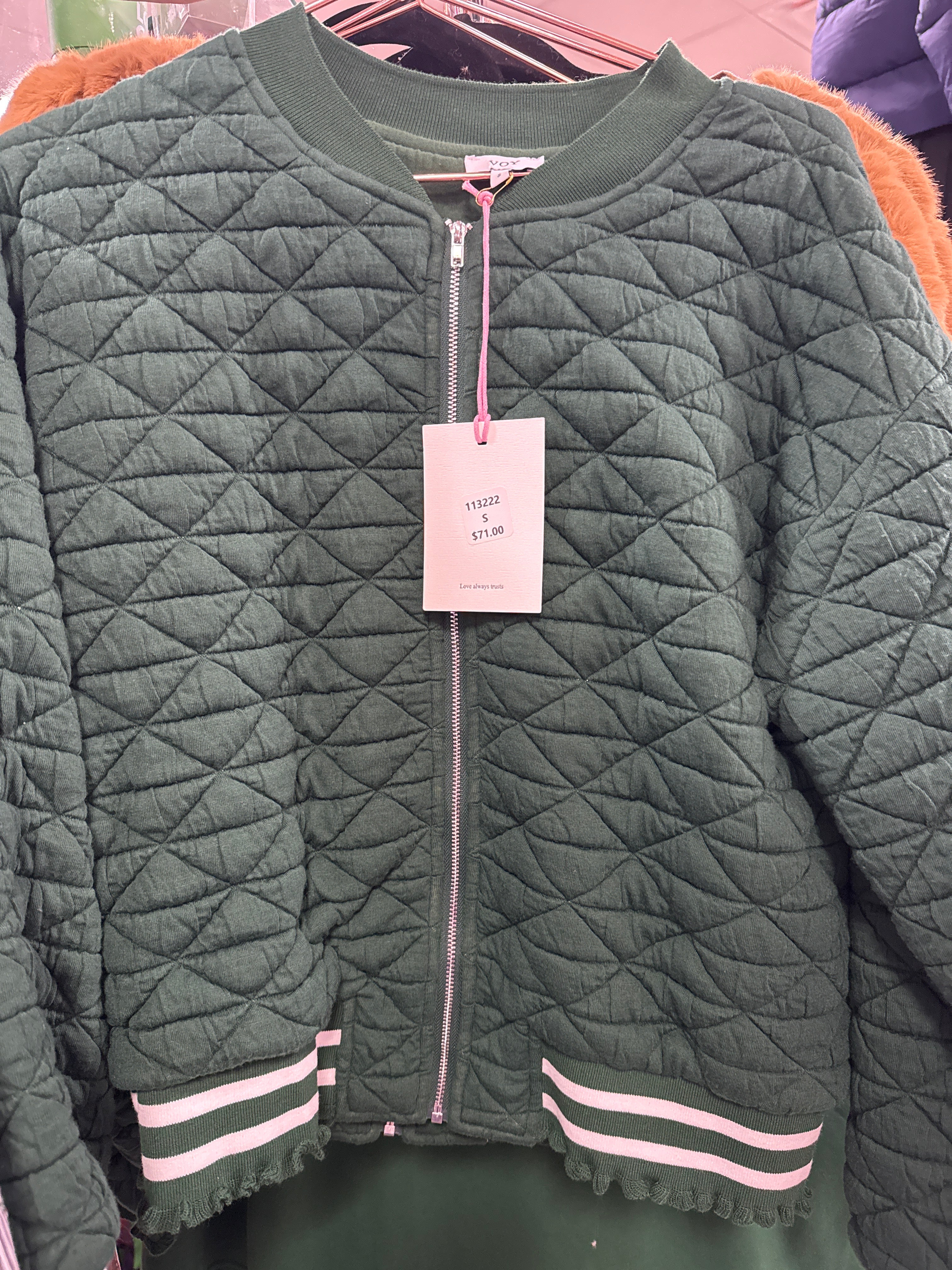 GREEN QUILTED STRIPE ACCENT BOMBER JACKET - S