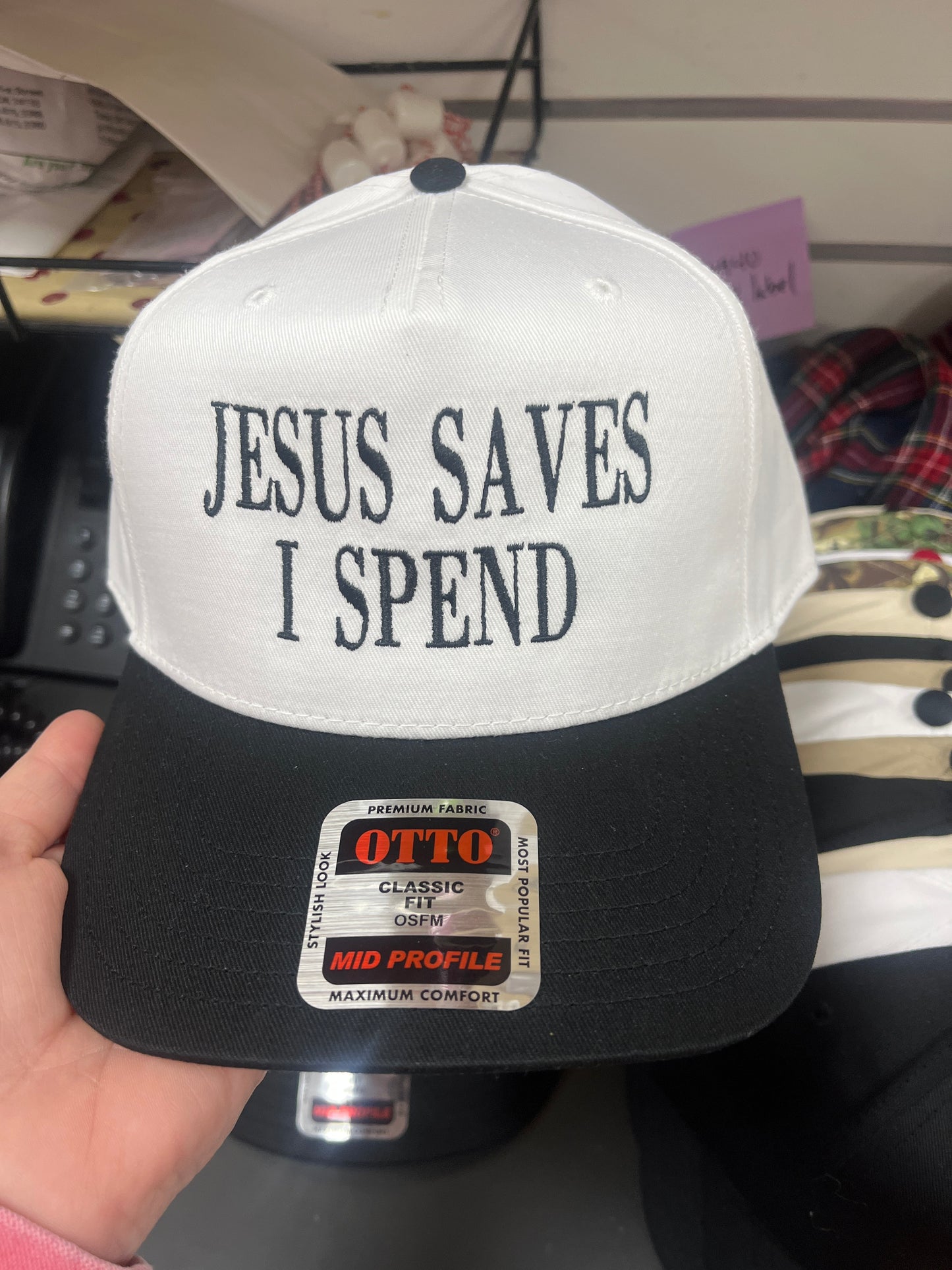 WHITE/BLACK HAT - JESUS SAVES I SPEND