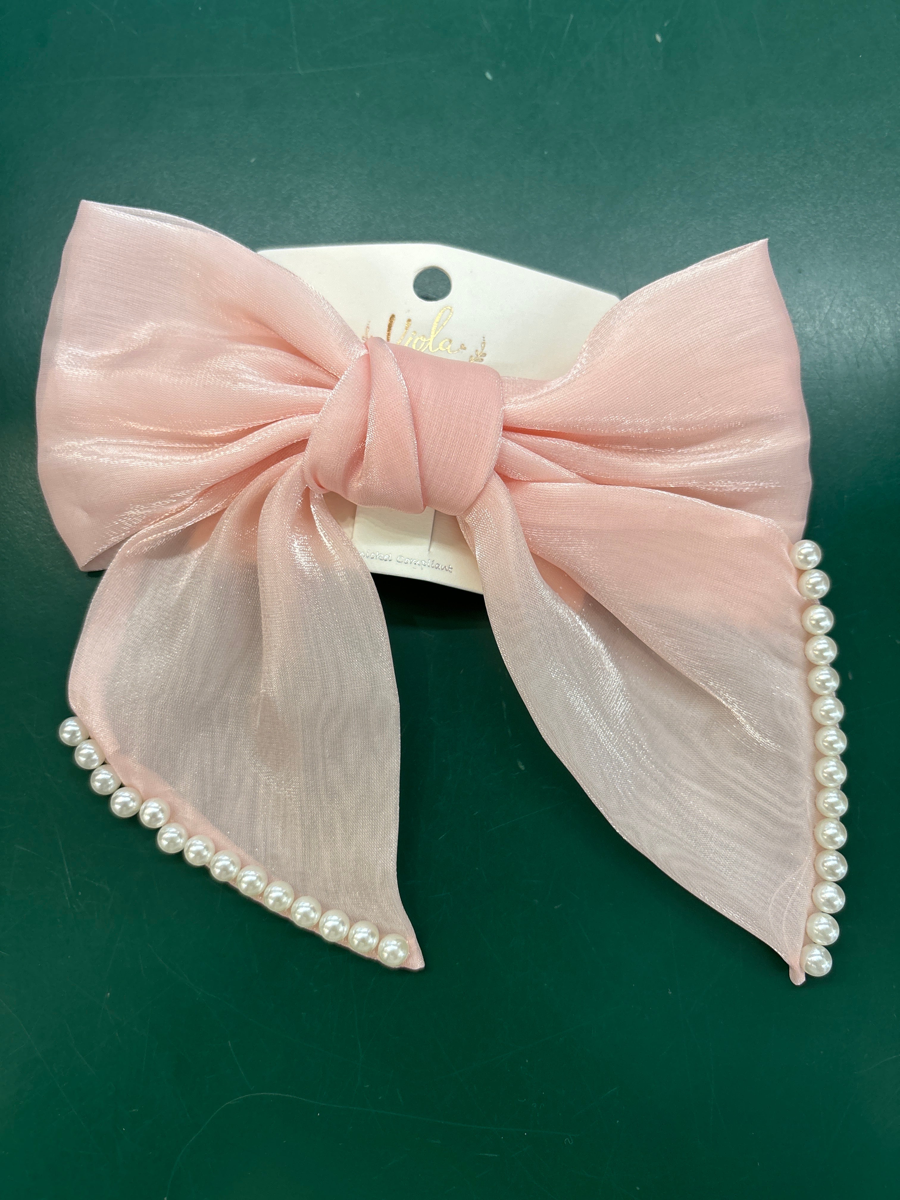 PINK HAIR BOW W/PEARLS