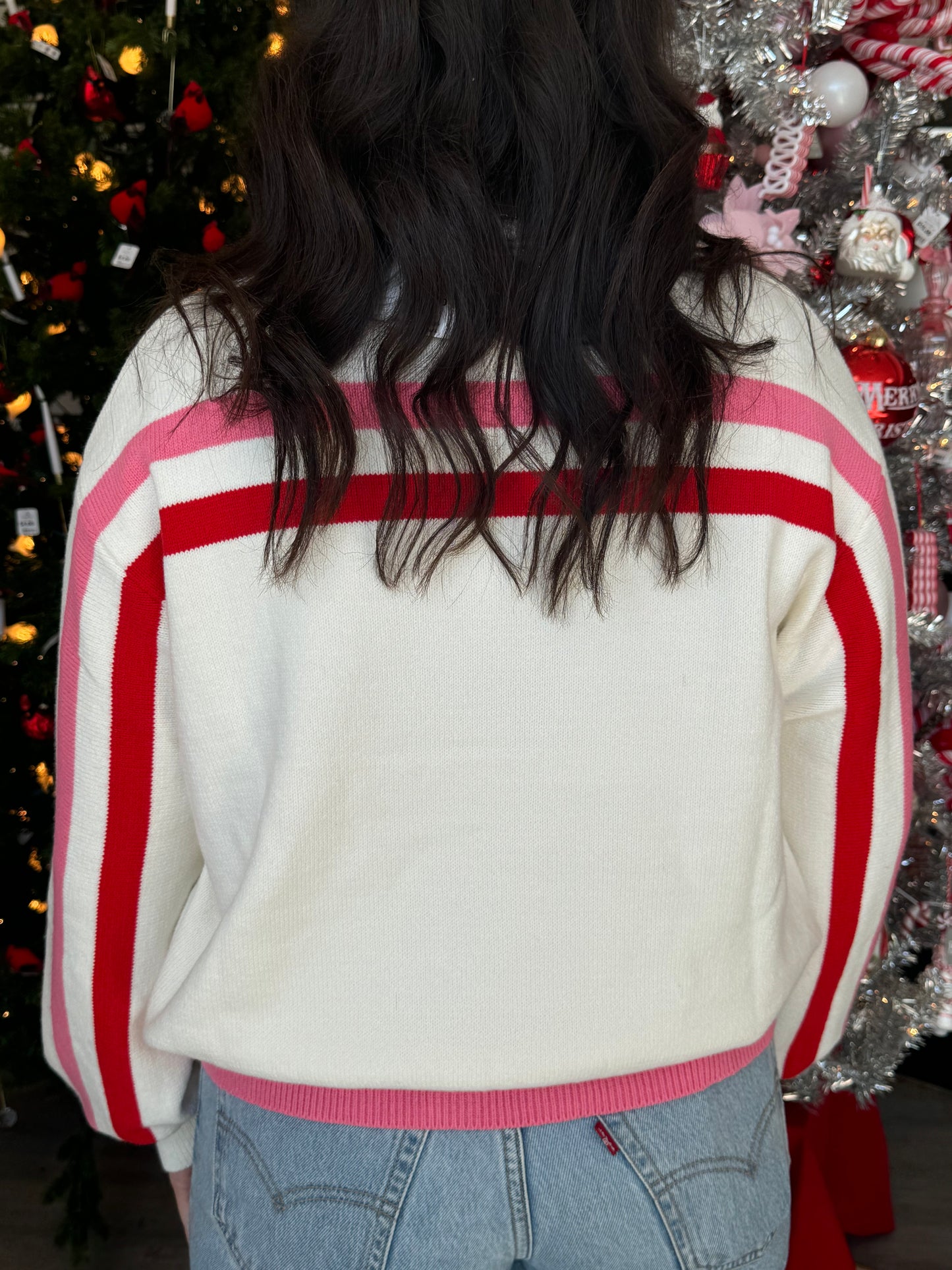 Red, Pink, & White Stripe 'Santa Baby' Fuzzy Santa Sweater