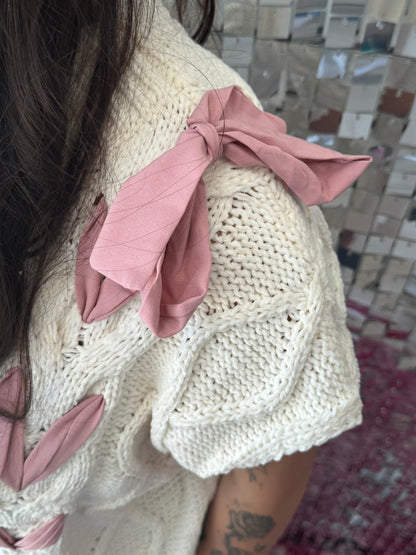 Ivory Sweater Vest with Pink Ribbon Lacing